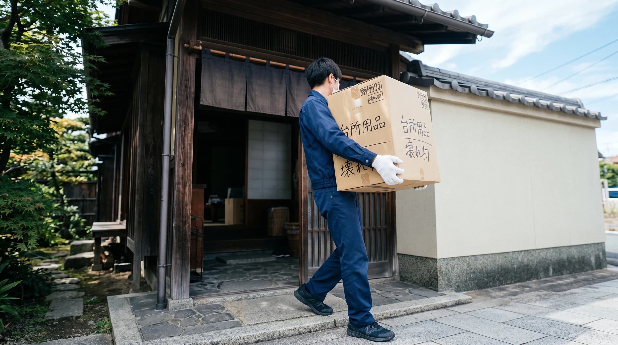 荷物を運び出す作業員と日本家屋の玄関
